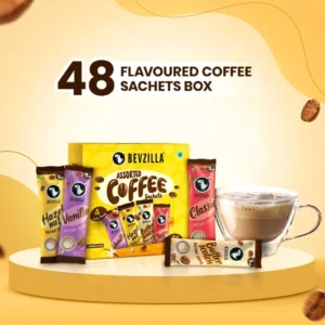 Bevzilla 48 Sachets Assorted Coffee Powder Box | 4 Flavors | 100% Arabica Beans | Instant Coffee