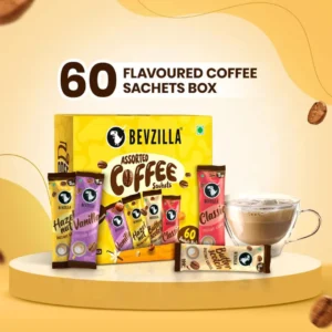 Bevzilla Instant Coffee Powder - 60 Sachets | Turkish Hazelnut, Colombian Gold, French Vanilla & English Butterscotch