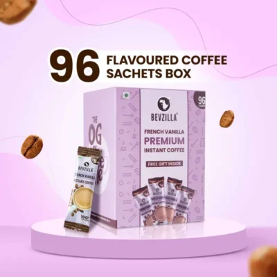 Bevzilla French Vanilla Coffee Sachets Box - 96 Sachets | Premium Arabica Coffee | Instant & Delicious