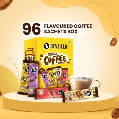 Bevzilla Instant Coffee Powder Box - 96 Sachets | Assorted Flavors | Makes 96 Cups | 100% Arabica Coffee