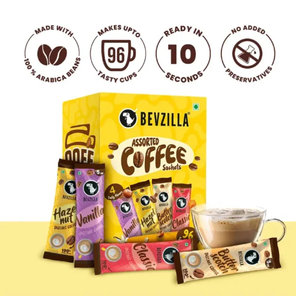 Bevzilla Instant Coffee Powder Box - 96 Sachets | Assorted Flavors | Makes 96 Cups | 100% Arabica Coffee - Image 3