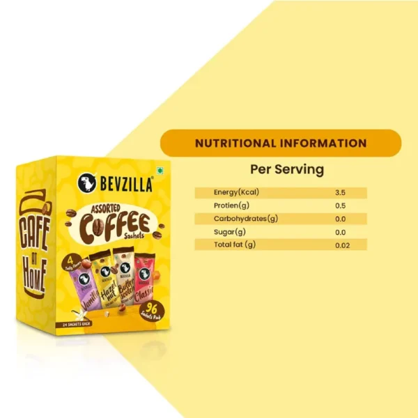 Bevzilla Instant Coffee Powder Box - 96 Sachets | Assorted Flavors | Makes 96 Cups | 100% Arabica Coffee - Image 5