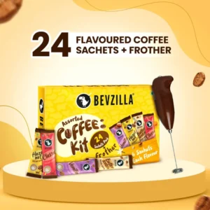 Bevzilla Cafe Coffee Kit: 24 Flavored Sachets + Electric Frother