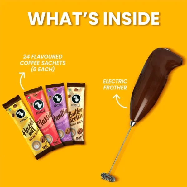 Bevzilla Cafe Coffee Kit: 24 Flavored Sachets + Electric Frother - Image 2