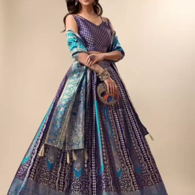 Shoppy Navy Blue Zari Work Lehenga Choli - Semi Stitched