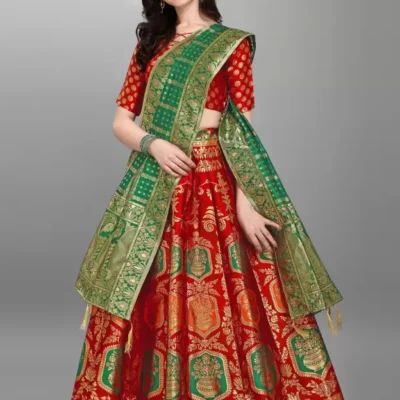 Shopsy Red Jacquard Zari-Work Lehenga Choli - Semi Stitched