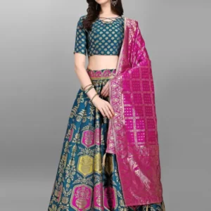Shopsy Teal Zari Work Semi-Stitched Lehenga Choli