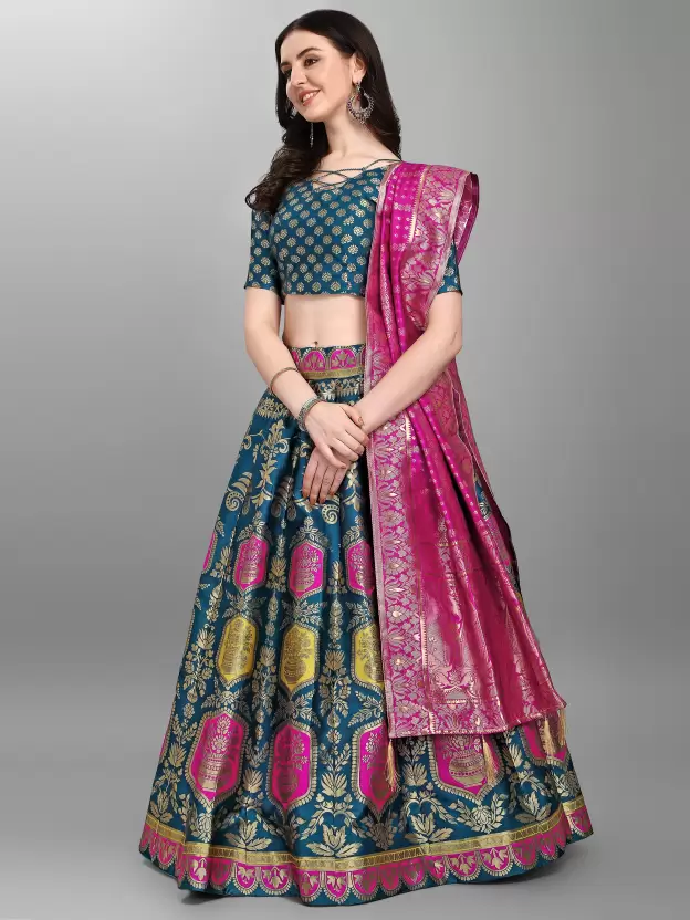 Shopsy Teal Zari Work Semi-Stitched Lehenga Choli Shopsy Teal Zari Work Semi-Stitched Lehenga Choli - Image 3