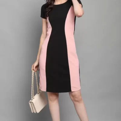 Shopsy Women's Peach and Black ColorBlocked Bodycon Dress - Elegant Above Knee Length