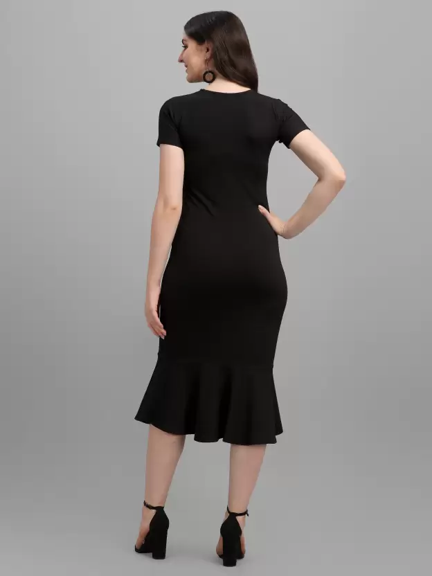 Shopsy Women's Elegant Midi Bodycon Black Dress - Stretchable Shopsy Women's Elegant Midi Bodycon Black Dress - Stretchable - Image 2