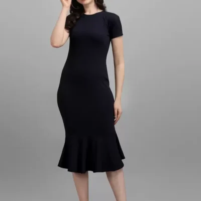 Shopsy Women's Bodycon Dark Blue Dress - Elegant Midi/Calf Length