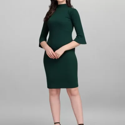 Shopsy Women's Elegant High Neck Bodycon Green Dress