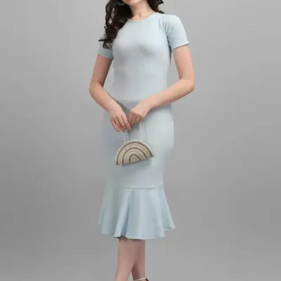 Shopsy Women's Bodycon Light Blue Dress - Elegant Midi/Calf Length