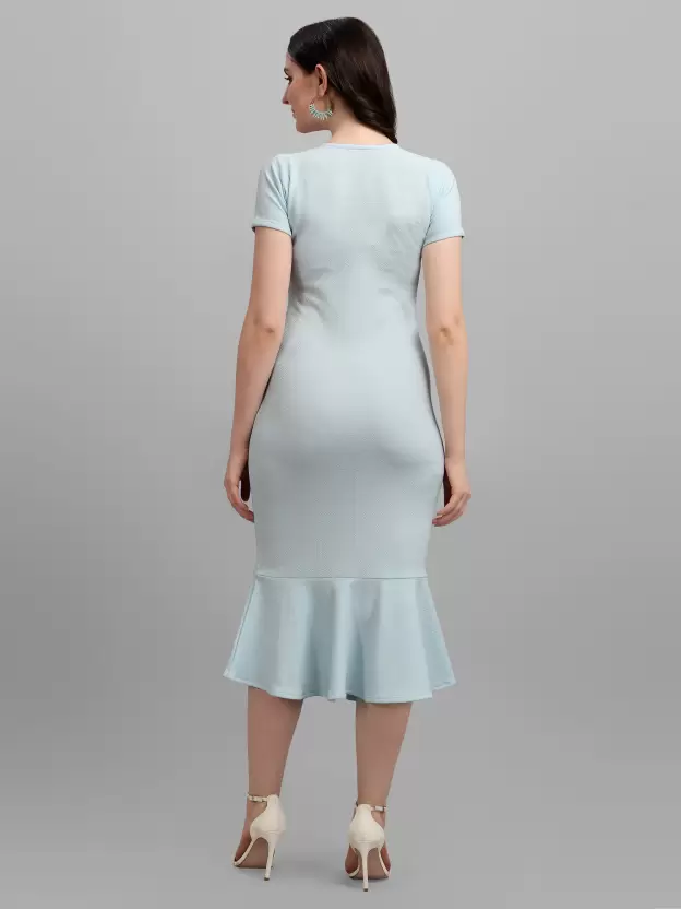 Shopsy Women's Bodycon Light Blue Dress - Elegant Midi/Calf Length Shopsy Women's Bodycon Light Blue Dress - Elegant Midi/Calf Length - Image 2