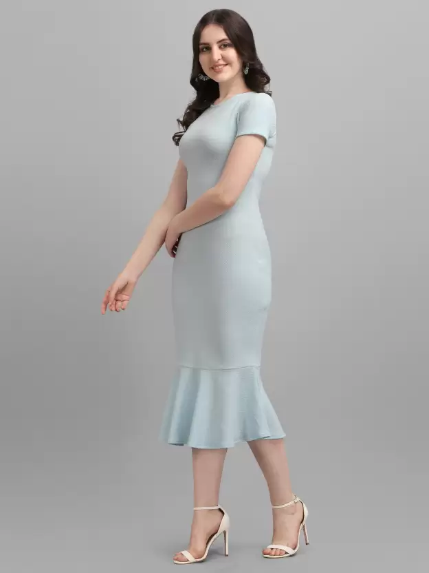 Shopsy Women's Bodycon Light Blue Dress - Elegant Midi/Calf Length Shopsy Women's Bodycon Light Blue Dress - Elegant Midi/Calf Length - Image 3