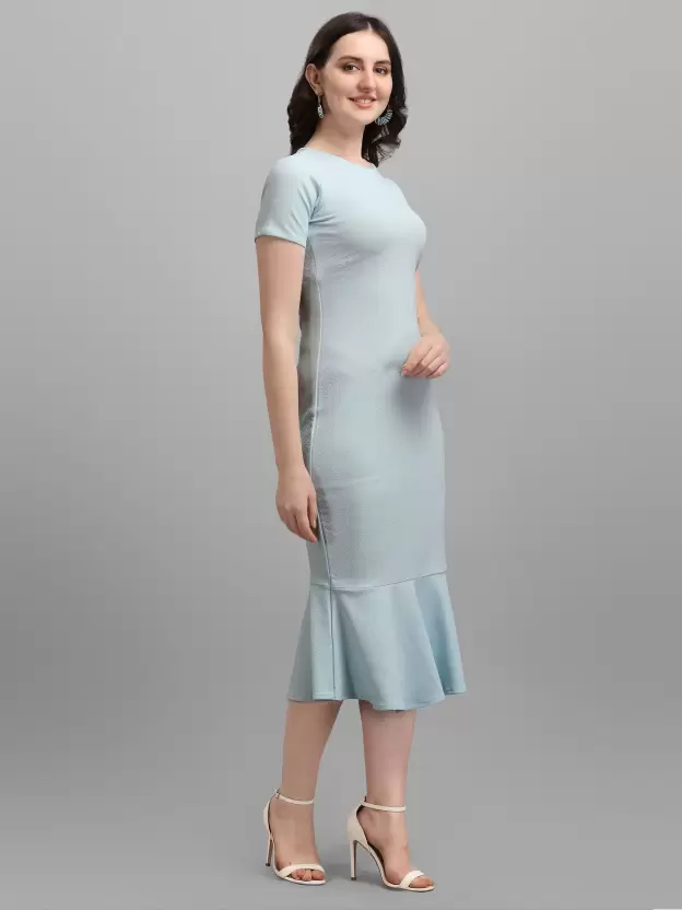 Shopsy Women's Bodycon Light Blue Dress - Elegant Midi/Calf Length Shopsy Women's Bodycon Light Blue Dress - Elegant Midi/Calf Length - Image 4