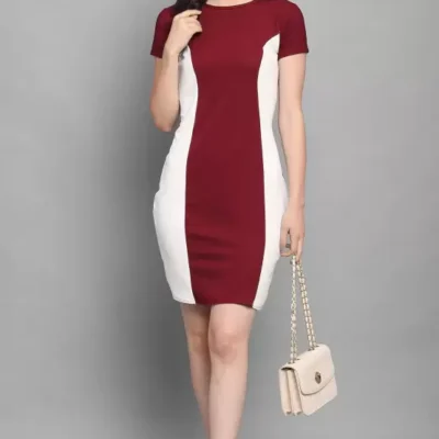 Chic Maroon & White Bodycon Dress - Stretchable & Stylish