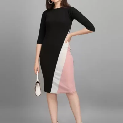 Shopsy Chic Peach & Black Bodycon Dress for Women - Elegant & Versatile