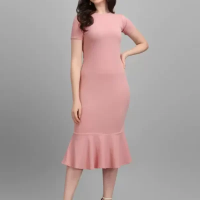 Elegant Peach Midi Bodycon Dress for Women - Stretchable & Comfortable