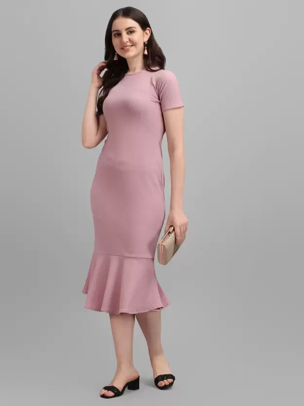 Shopsy Elegant Purple Bodycon Midi Dress - Stretchable & Comfort Fit Shopsy Elegant Purple Bodycon Midi Dress - Stretchable & Comfort Fit