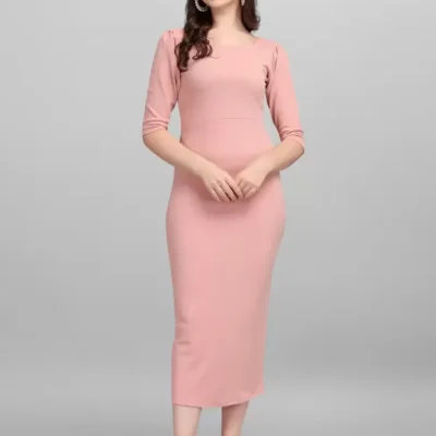 Shopsy Peach Bodycon Midi Dress - Stretchable Lycra Blend