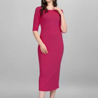 Shopsy Pink Midi Bodycon Dress for Women - Elegant & Stretchable
