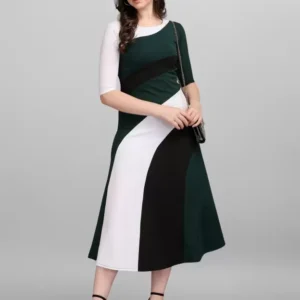 Shopsy Empire Maxi Dress - White & Green Stretchable A-line for Women