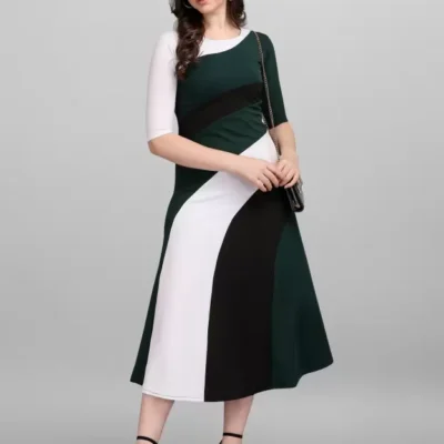 Shopsy Empire Maxi Dress - White & Green Stretchable A-line for Women