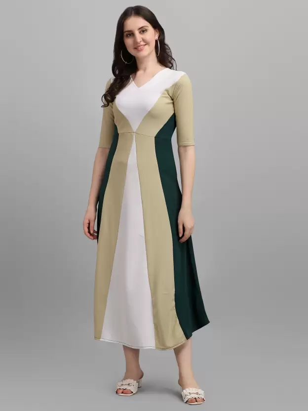 Shopsy Empire Waist Colorblock Maxi Dress - Light Olive/Green/White Shopsy Empire Waist Colorblock Maxi Dress - Light Olive/Green/White