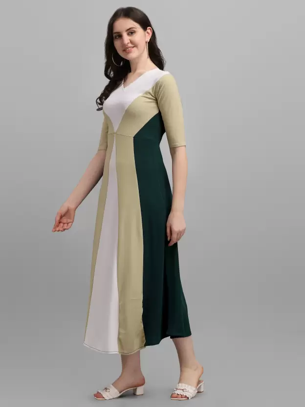 Shopsy Empire Waist Colorblock Maxi Dress - Light Olive/Green/White Shopsy Empire Waist Colorblock Maxi Dress - Light Olive/Green/White - Image 3