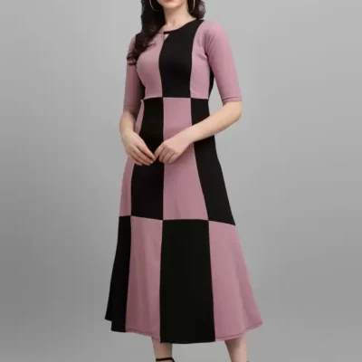 Shopsy Empire Waist Printed Midi Dress - Light Violet & Black