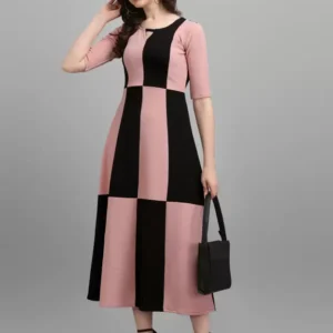 Shopsy Empire Waist Printed Dress - Peach/Black, Comfort Stretch