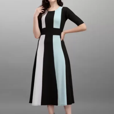 Shopsy Sky Blue & Multicolor Empire Waist Fit and Flare Dress