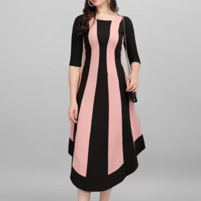 Shopsy Women High Low Multicolor Dress (Peach, Black)