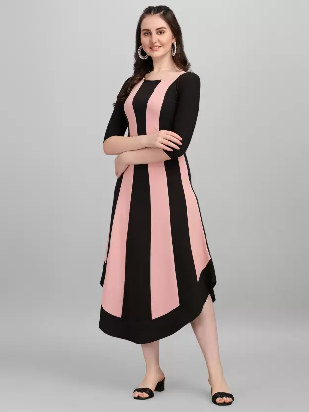 Shopsy Women High Low Multicolor Dress (Peach, Black) Shopsy Women High Low Multicolor Dress (Peach, Black) - Image 5