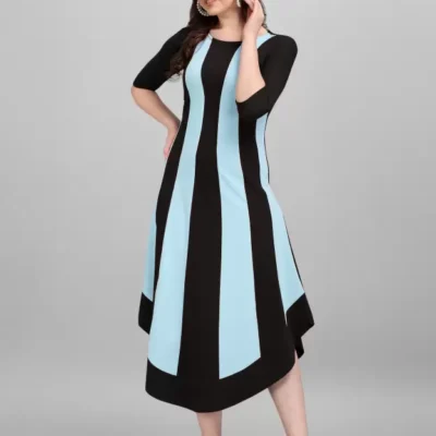 Shopsy Women High Low Multicolor Dress - Elegant Sky Blue & Black Design