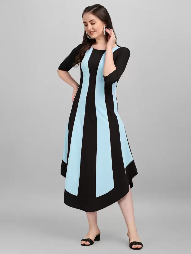 Shopsy Women High Low Multicolor Dress - Elegant Sky Blue & Black Design Shopsy Women High Low Multicolor Dress - Elegant Sky Blue & Black Design