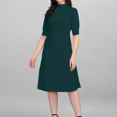 Shopsy Women's Elegant Green Skater Dress - Knee-Length & Stretchable