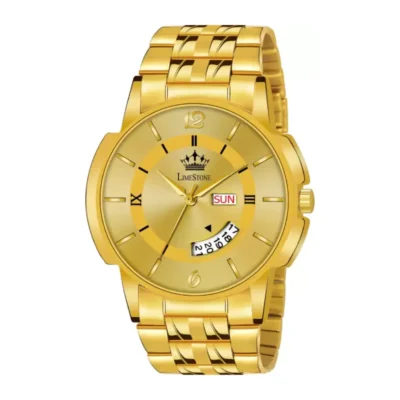 LIMESTONE Day & Date Original HMTS Gold Plated Adjustable HMTS Bracelet Quartz Analog Watch for Men