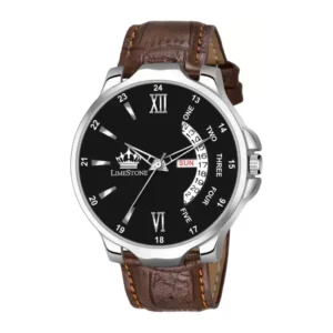 LIMESTONE Men's Analog Watch: Black Dial, Day-Date Function, Unique Leather Strap