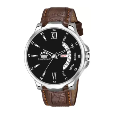 LIMESTONE Men's Analog Watch: Black Dial, Day-Date Function, Unique Leather Strap