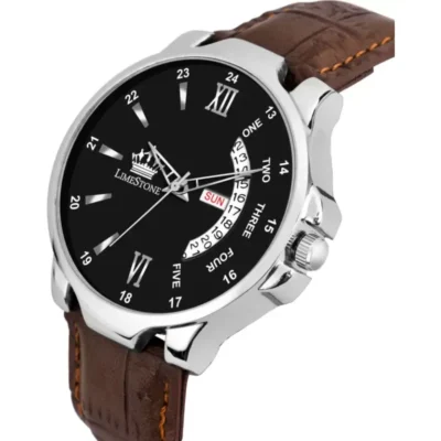Alternative view of LIMESTONE Men's Analog Watch: Black Dial, Day-Date Function, Unique Leather Strap