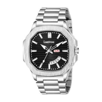 LIMESTONE OTUS 3D Vintage Day and Date Stainless Steel Quartz Analog Watch - Black Dial