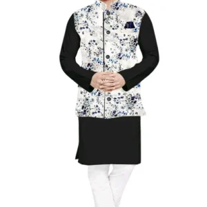 Men's Solid Plain Kurta Payjama Pajama with Printed Flower Koti Nehru Modi Jacket
