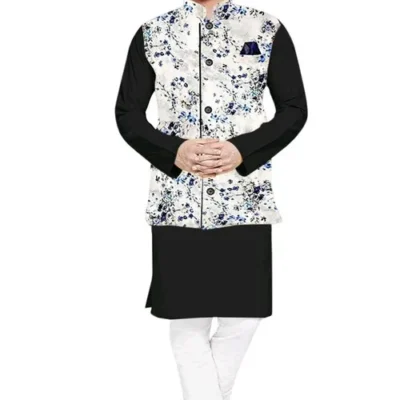 Men's Solid Plain Kurta Payjama Pajama with Printed Flower Koti Nehru Modi Jacket