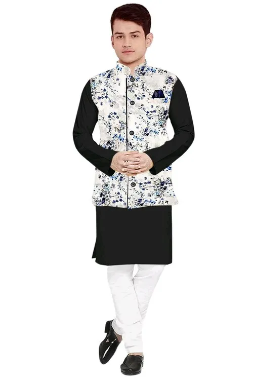 Men's Solid Plain Kurta Payjama Pajama with Printed Flower Koti Nehru Modi Jacket Men's Solid Plain Kurta Payjama Pajama with Printed Flower Koti Nehru Modi Jacket