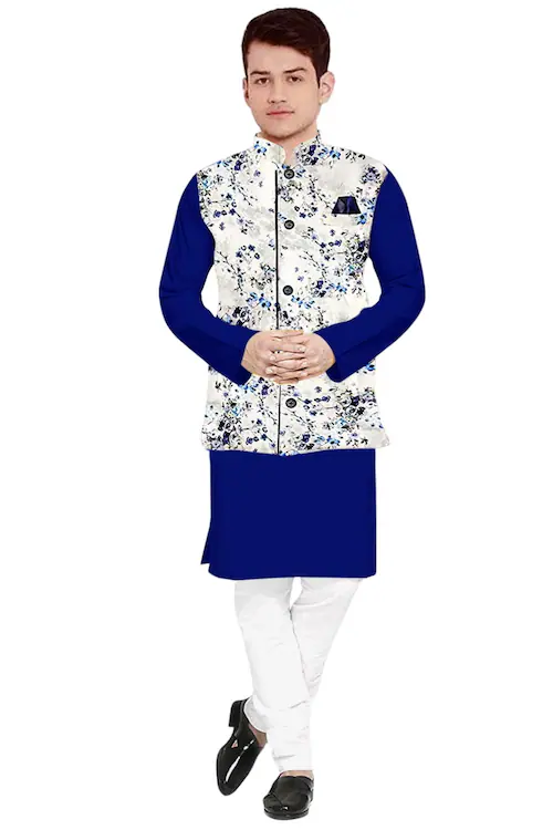 Men's Solid Plain Kurta Payjama Pajama with Printed Flower Koti Nehru Modi Jacket Men's Solid Plain Kurta Payjama Pajama with Printed Flower Koti Nehru Modi Jacket - Image 2