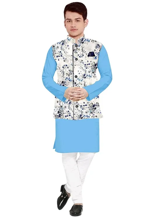 Men's Solid Plain Kurta Payjama Pajama with Printed Flower Koti Nehru Modi Jacket Men's Solid Plain Kurta Payjama Pajama with Printed Flower Koti Nehru Modi Jacket - Image 4
