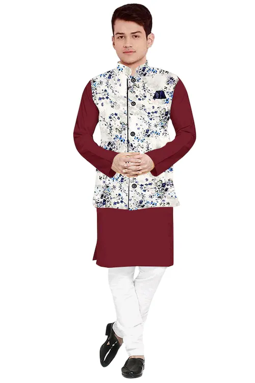 Men's Solid Plain Kurta Payjama Pajama with Printed Flower Koti Nehru Modi Jacket Men's Solid Plain Kurta Payjama Pajama with Printed Flower Koti Nehru Modi Jacket - Image 5