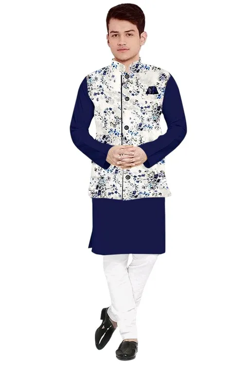 Men's Solid Plain Kurta Payjama Pajama with Printed Flower Koti Nehru Modi Jacket Men's Solid Plain Kurta Payjama Pajama with Printed Flower Koti Nehru Modi Jacket - Image 6